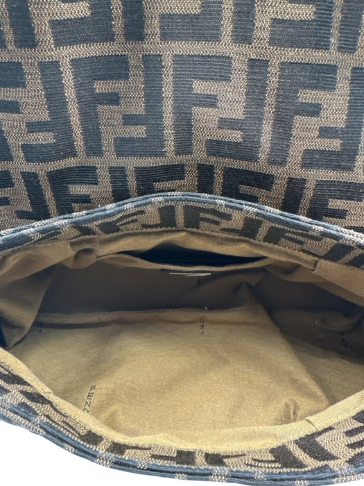 Fendi Brown & Tan Canvas Zucca Monogram Flap Shoulder Certified by Entrupy Bag Brown & Tan / Small