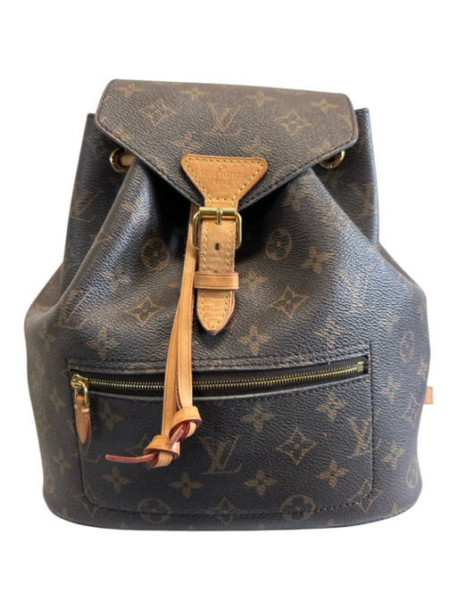 Louis Vuitton Brown & Tan Monogram Leather trim Gold Zipper Drawstring Bag Brown & Tan / Small