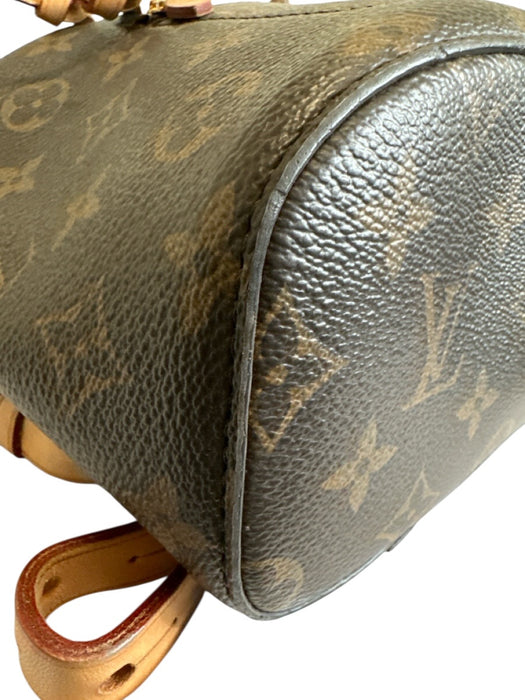 Louis Vuitton Brown & Tan Monogram Leather trim Gold Zipper Drawstring Bag Brown & Tan / Small