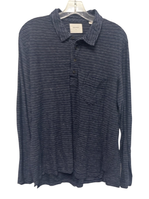 Billy Reid Size L Navy Blue & White Cotton Striped Polo Men's Long Sleeve Shirt Navy Blue & White / L