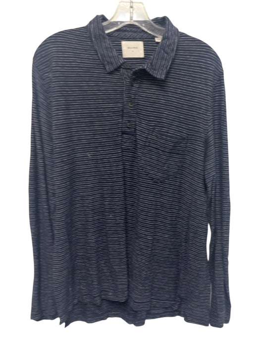 Billy Reid Size L Navy Blue & White Cotton Striped Polo Men's Long Sleeve Shirt Navy Blue & White / L