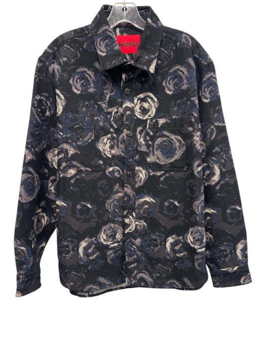 Boss Size L Black & Navy Synthetic Floral Button Up Men's Jacket Black & Navy / L