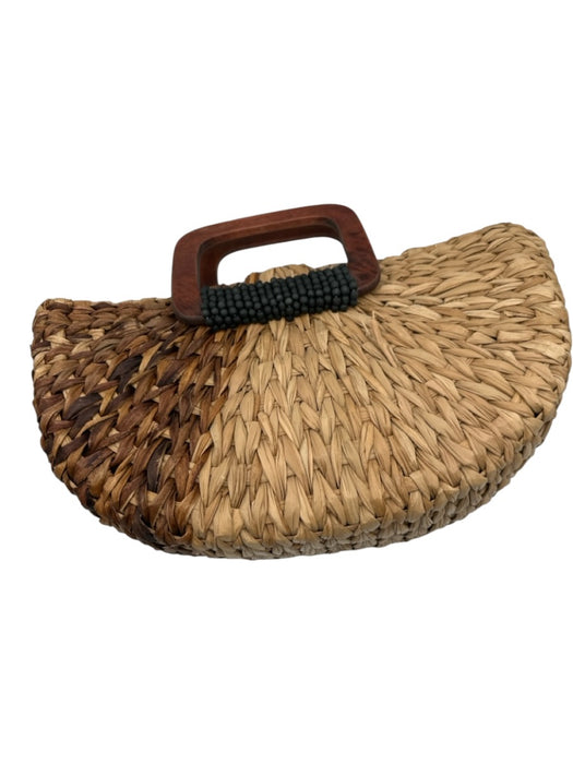 Madison 88 Beige & Brown Paper Top Handle Beaded Clusters Half Moon Woven Bag Beige & Brown / Medium