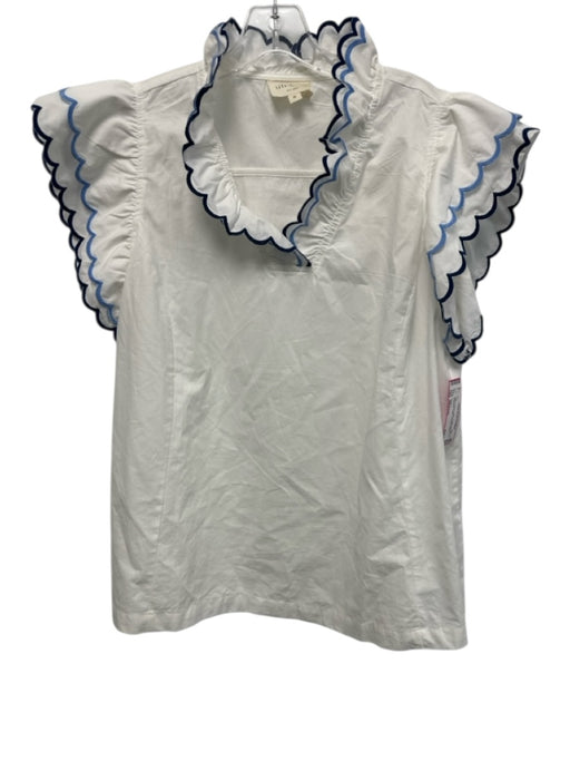 Umgee Size Medium Blue & White Cotton Ruffle Cap Sleeve Scalloped Collar Top Blue & White / Medium