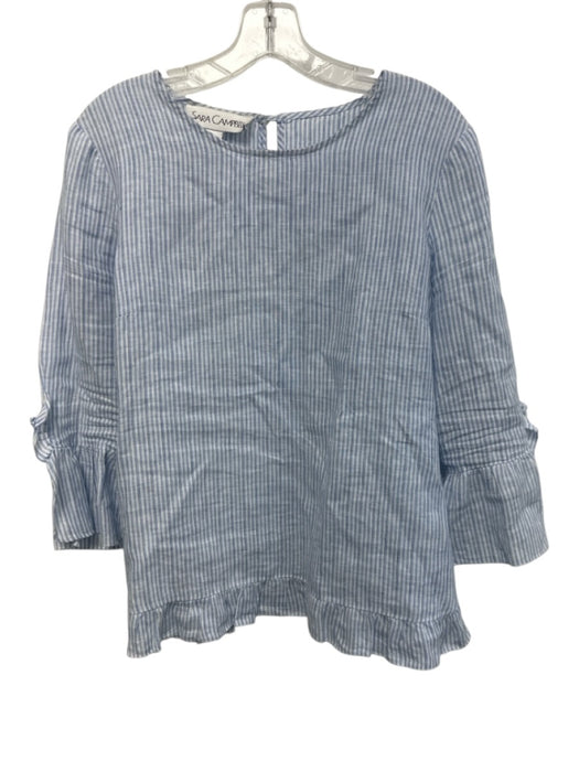 Sara Campbell Size Medium Blue & White Linen Long Trumpet Sleeve Striped Top Blue & White / Medium