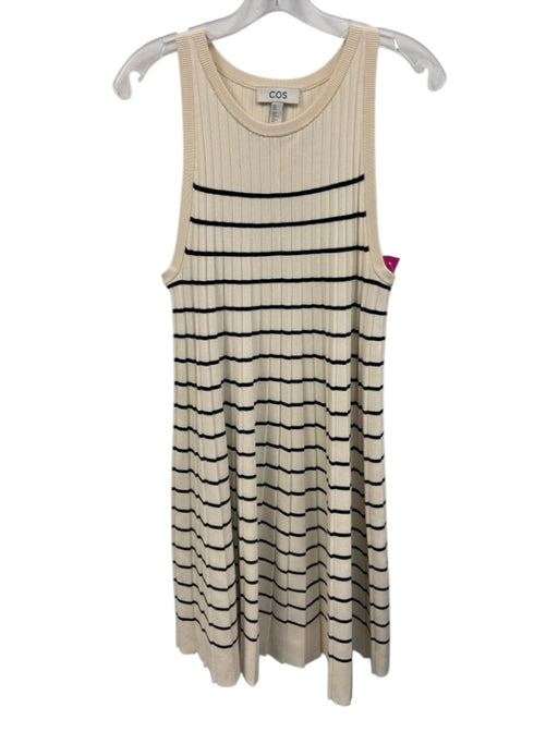 COS Size Medium Cream & Black Viscose Blend Sleeveless Striped Pleated Dress Cream & Black / Medium