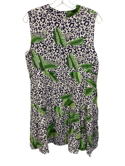 Vilagallo Size 42 Navy, Green, White Linen Sleeveless Leopard leaves Dress Navy, Green, White / 42