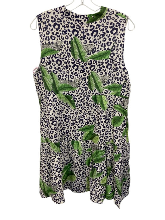 Vilagallo Size 42 Navy, Green, White Linen Sleeveless Leopard leaves Dress Navy, Green, White / 42