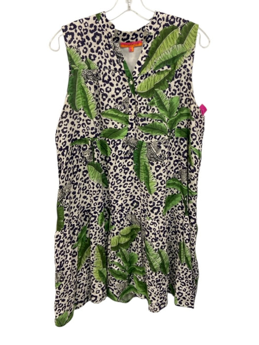 Vilagallo Size 42 Navy, Green, White Linen Sleeveless Leopard leaves Dress Navy, Green, White / 42
