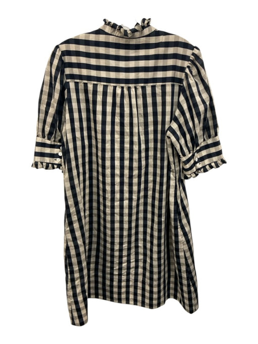 Lior Paris Size Medium Navy & Beige Rayon Blend Puff Sleeves Plaid Ruffles Dress Navy & Beige / Medium