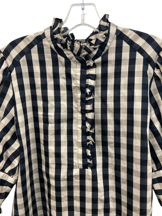 Lior Paris Size Medium Navy & Beige Rayon Blend Puff Sleeves Plaid Ruffles Dress Navy & Beige / Medium