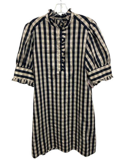 Lior Paris Size Medium Navy & Beige Rayon Blend Puff Sleeves Plaid Ruffles Dress Navy & Beige / Medium