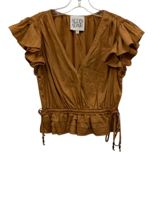 Alden Adair Size Small Tan Orange Cotton Blend Ruffle Cap Sleeve V Neck Top Tan Orange / Small