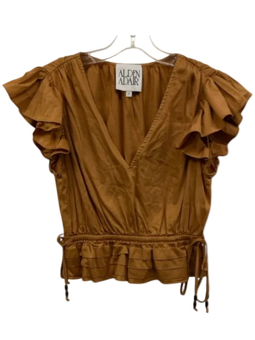 Alden Adair Size Small Tan Orange Cotton Blend Ruffle Cap Sleeve V Neck Top Tan Orange / Small