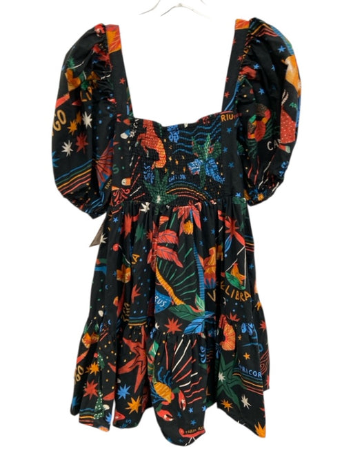 Farm Rio Size Medium Black & Multi Cotton Short Puff Sleeve Astrology Dress Black & Multi / Medium