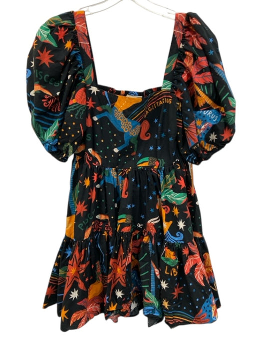 Farm Rio Size Medium Black & Multi Cotton Short Puff Sleeve Astrology Dress Black & Multi / Medium