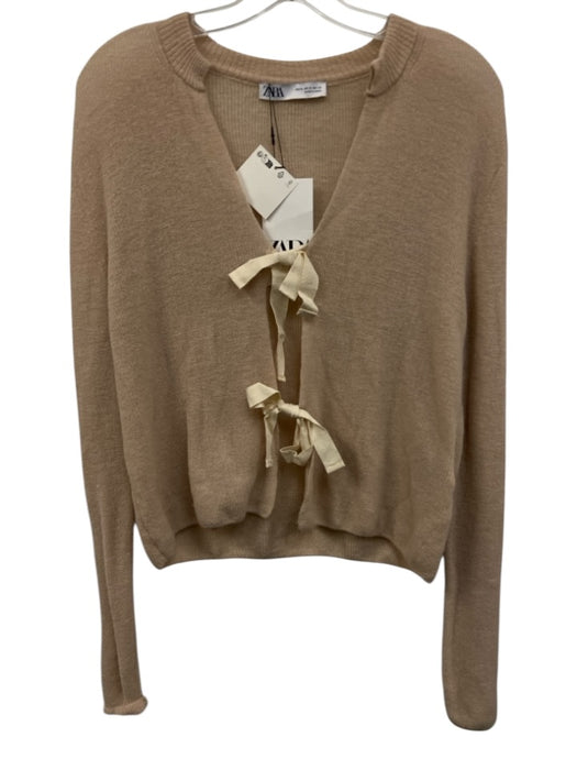 Zara Size Medium Tan Beige Polyamide Blend Long Sleeve Tie Front Knit Sweater Tan Beige / Medium