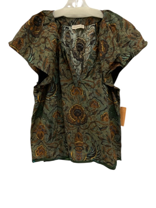 Ulla Johnson Size 8 Green, Yellow, Blue Cotton Cap Sleeve Floral Split Neck Top Green, Yellow, Blue / 8