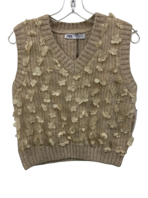 Zara Size Small Beige Polyamide Sleeveless Floral Applique Ribbed Knit Sweater Beige / Small