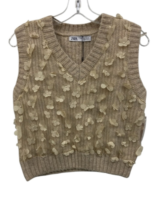 Zara Size Small Beige Polyamide Sleeveless Floral Applique Ribbed Knit Sweater Beige / Small