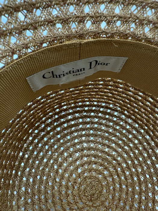Christian Dior Beige & Pink Straw Woven Embroidered Band Bucket Sun Hat