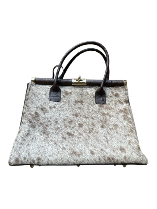 Brown & Taupe Leather Ostrich Pony Hair Detail Top Handle Structured Bag Brown & Taupe / M