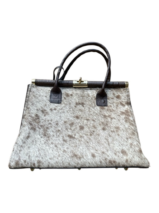 Brown & Taupe Leather Ostrich Pony Hair Detail Top Handle Structured Bag Brown & Taupe / M