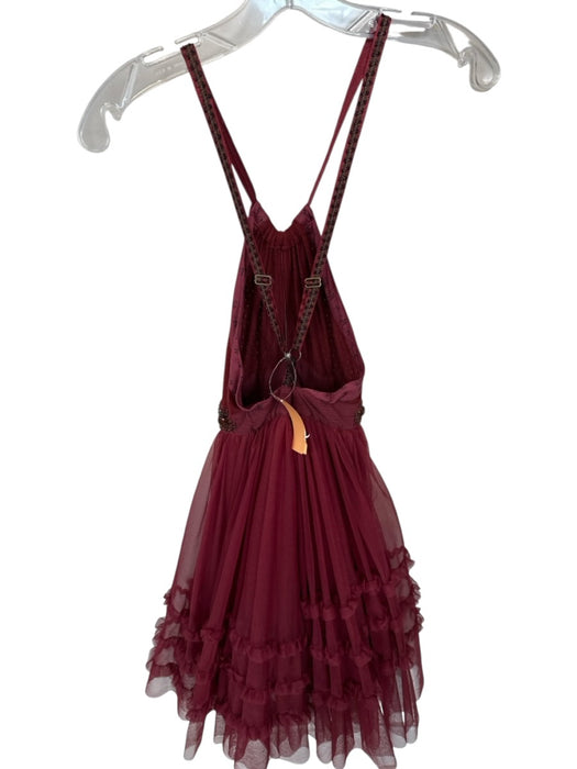 Free People Size 2 Maroon Tulle Halter Neck Beaded Ruffles Dress Maroon / 2
