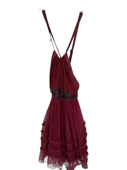 Free People Size 2 Maroon Tulle Halter Neck Beaded Ruffles Dress Maroon / 2