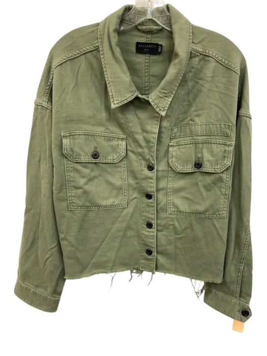ALLSAINTS Size M/L Green Cotton Button Front Distressed Hem Patch Pocket Jacket Green / M/L