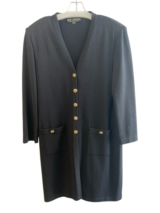 St John Size 10 Black No Fabric Tag Side Pockets Long Sleeve Gold Buttons Dress Black / 10