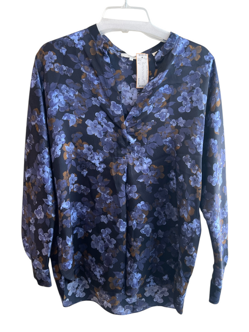 Vince Size 2 Blue 100% Silk Floral V Neck Long Sleeve High Low Top Blue / 2