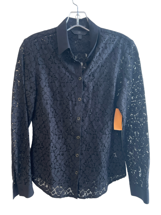BR Size 2 Black Cotton & Nylon Button Down Long Sleeve cutout accents Floral Top Black / 2