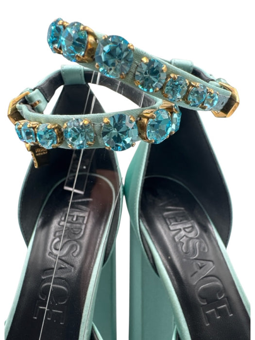 Versace Shoe Size 39.5 Seafoam Green Satin Leather Rhinestone Square Toe Pumps Seafoam Green / 39.5