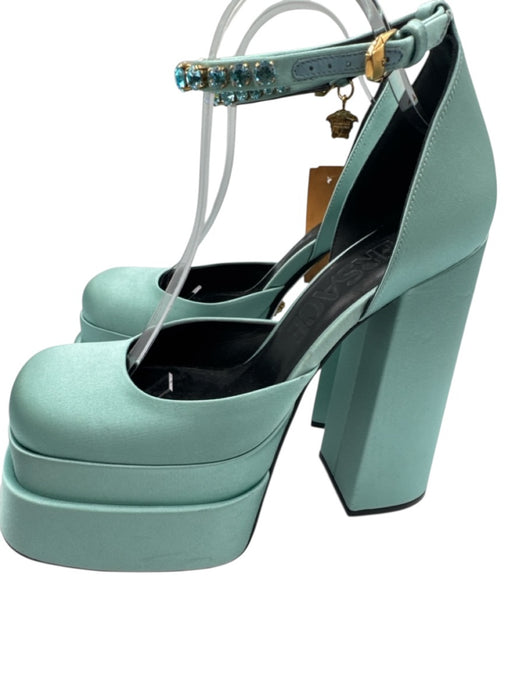 Versace Shoe Size 39.5 Seafoam Green Satin Leather Rhinestone Square Toe Pumps Seafoam Green / 39.5