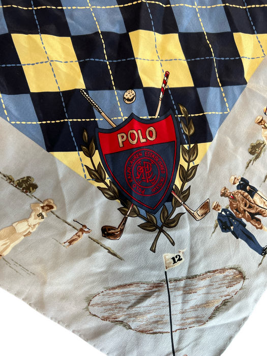 Ralph Lauren Blue & Multi Silk Square Argyle Golf Scene scarf Blue & Multi / Large