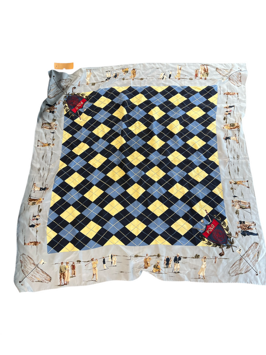 Ralph Lauren Blue & Multi Silk Square Argyle Golf Scene scarf Blue & Multi / Large