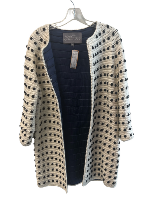 Lela Rose Size Small Cream & Black Wool Blend Crochet Pom Pom Lined Sweater Coat Cream & Black / Small