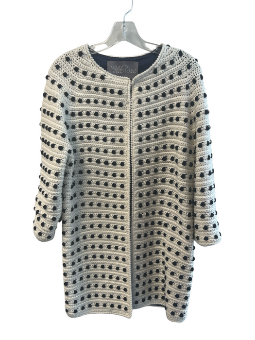 Lela Rose Size Small Cream & Black Wool Blend Crochet Pom Pom Lined Sweater Coat Cream & Black / Small