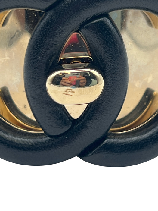 Chanel Goldtone & black Metal Leather Gold Plated cuff Interlocking CC Bracelet Goldtone & black