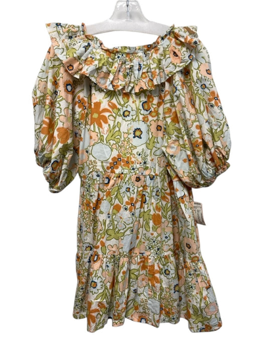 Cleobella Size M Orange, Green, White Cotton Short Puff Sleeve Ruffle Mini Dress Orange, Green, White / M