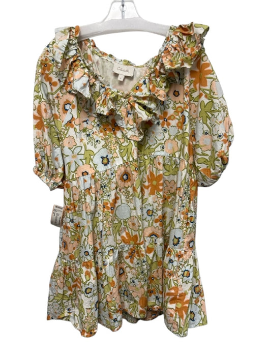 Cleobella Size M Orange, Green, White Cotton Short Puff Sleeve Ruffle Mini Dress Orange, Green, White / M
