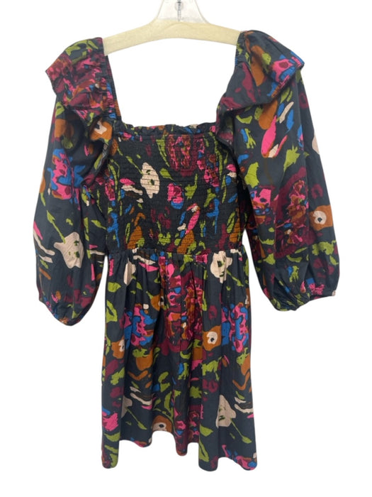 Cleobella Size S Black, Pink, Multi Cotton Puff 3/4 Sleeve Smocked Bodice Dress Black, Pink, Multi / S