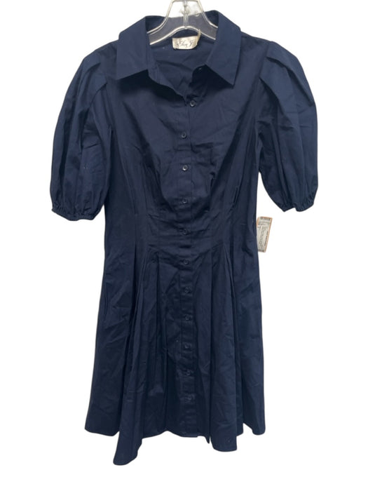 Eliza J Size 2 Navy Blue Cotton Short Puff Sleeve Button Front Pleated Dress Navy Blue / 2