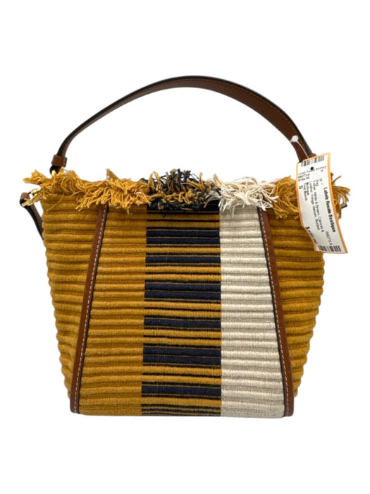 Tory Burch Yellow, White & Brown Canvas & Leather Fringe Woven Bucket Bag Yellow, White & Brown / S