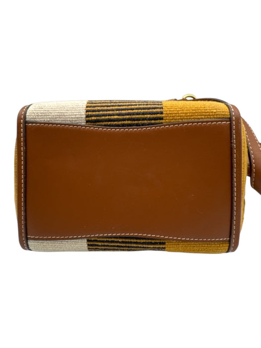Tory Burch Yellow, White & Brown Canvas & Leather Fringe Woven Bucket Bag Yellow, White & Brown / S