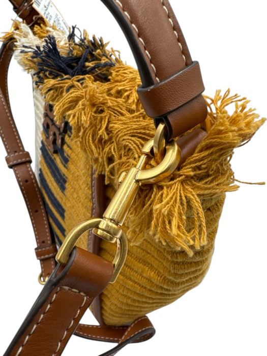 Tory Burch Yellow, White & Brown Canvas & Leather Fringe Woven Bucket Bag Yellow, White & Brown / S