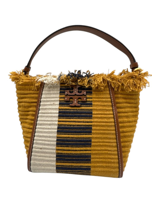 Tory Burch Yellow, White & Brown Canvas & Leather Fringe Woven Bucket Bag Yellow, White & Brown / S
