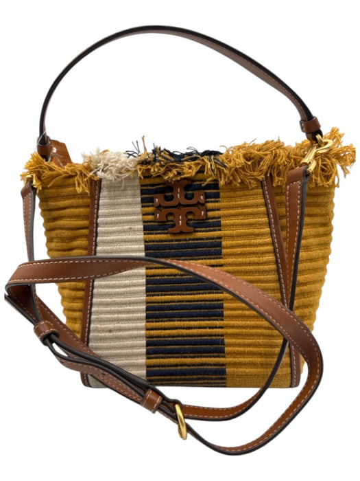 Tory Burch Yellow, White & Brown Canvas & Leather Fringe Woven Bucket Bag Yellow, White & Brown / S