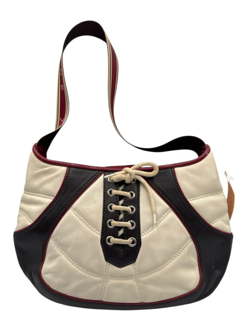 Celine Red, White, Brown Leather Lace Up Magnetic Flap Shoulder Hobo Bag Red, White, Brown / XS